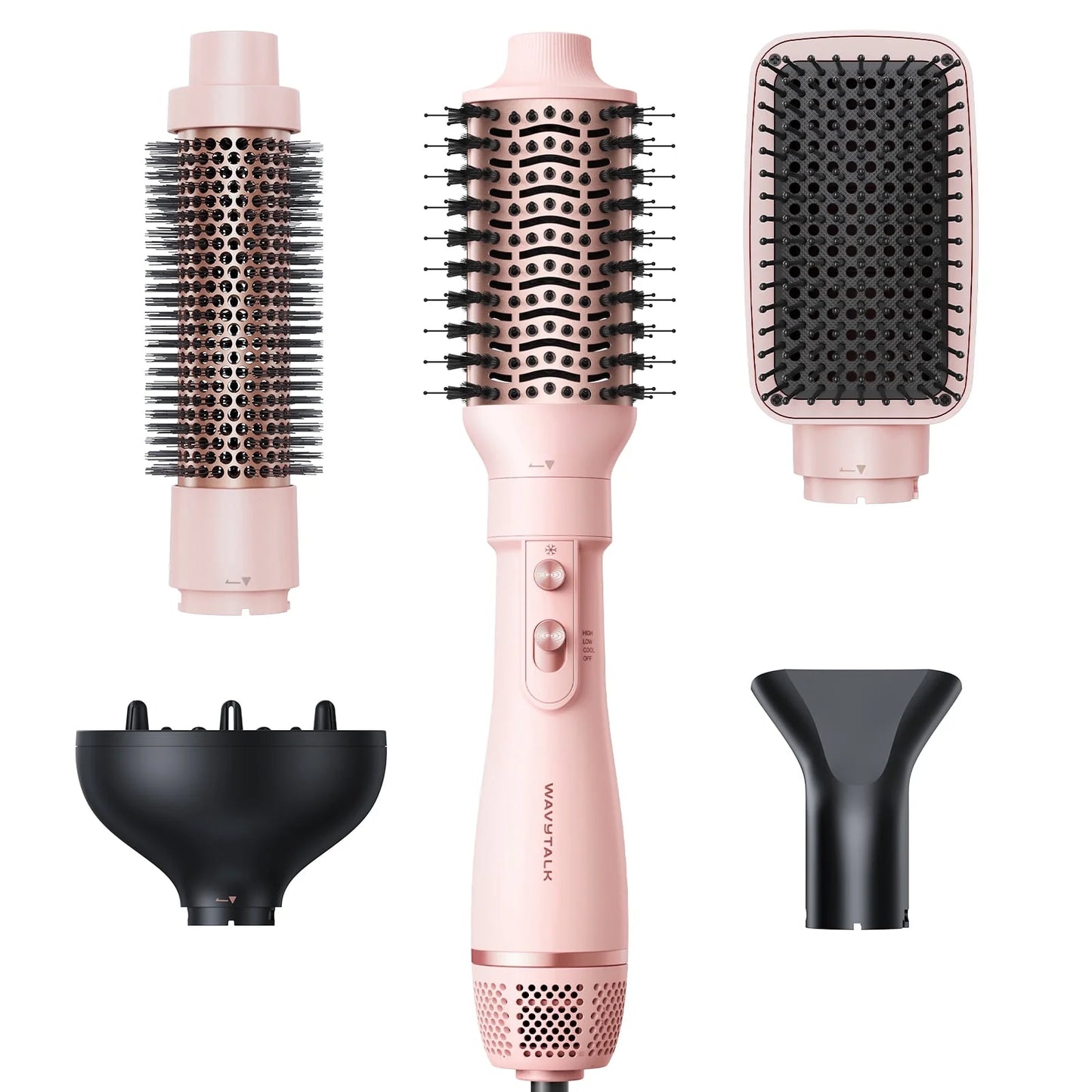 5-in-1 Hot Air Brush Set - Professional Multi-Functional Hair Styler for Salon Quality Blowouts, Smooth Curls, Volume Enhancement, and Straightening in Pink