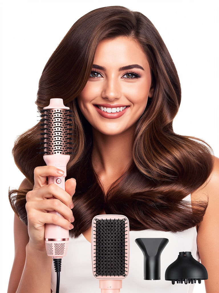 Woman with voluminous salon blowout hair holding LashLush Pro Air Styler