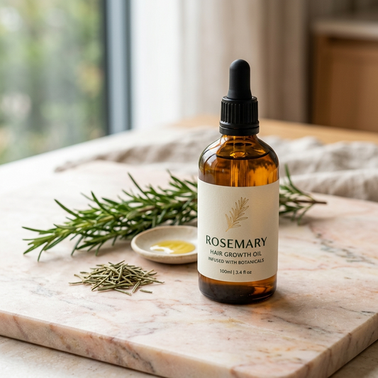 LashLush Rosemary Hair Growth Oil bottle with fresh rosemary
