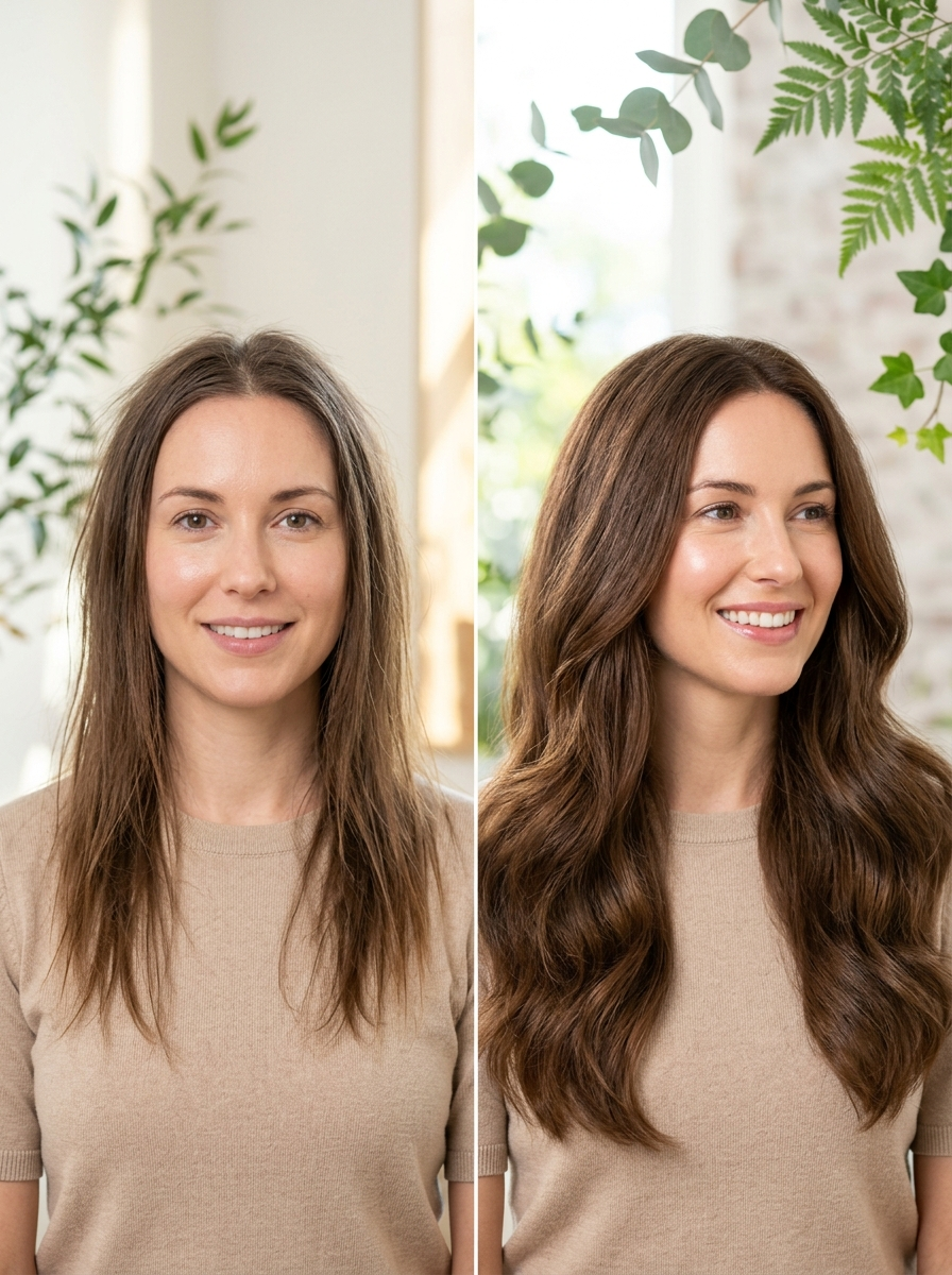 Before and after hair transformation using LashLush rosemary oil