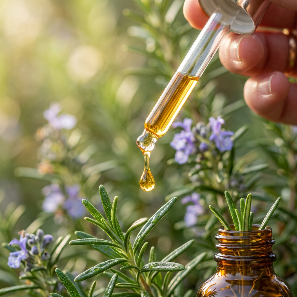 Close-up dropper releasing rosemary hair growth oil