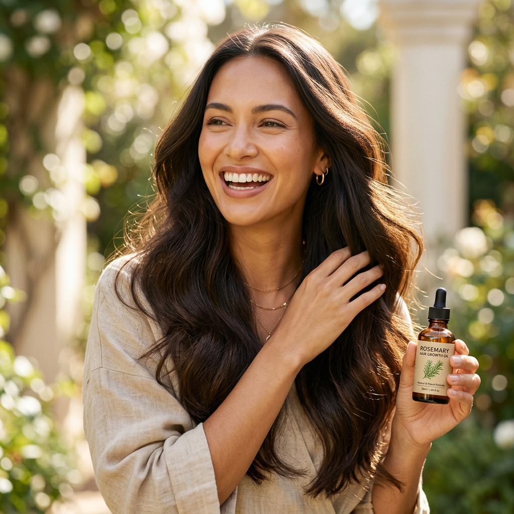 Woman with healthy shiny hair holding LashLush rosemary hair oil